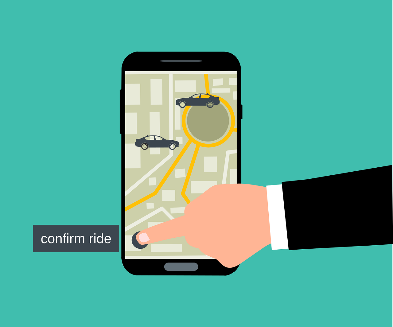 A graphic of a smartphone displaying a rideshare app